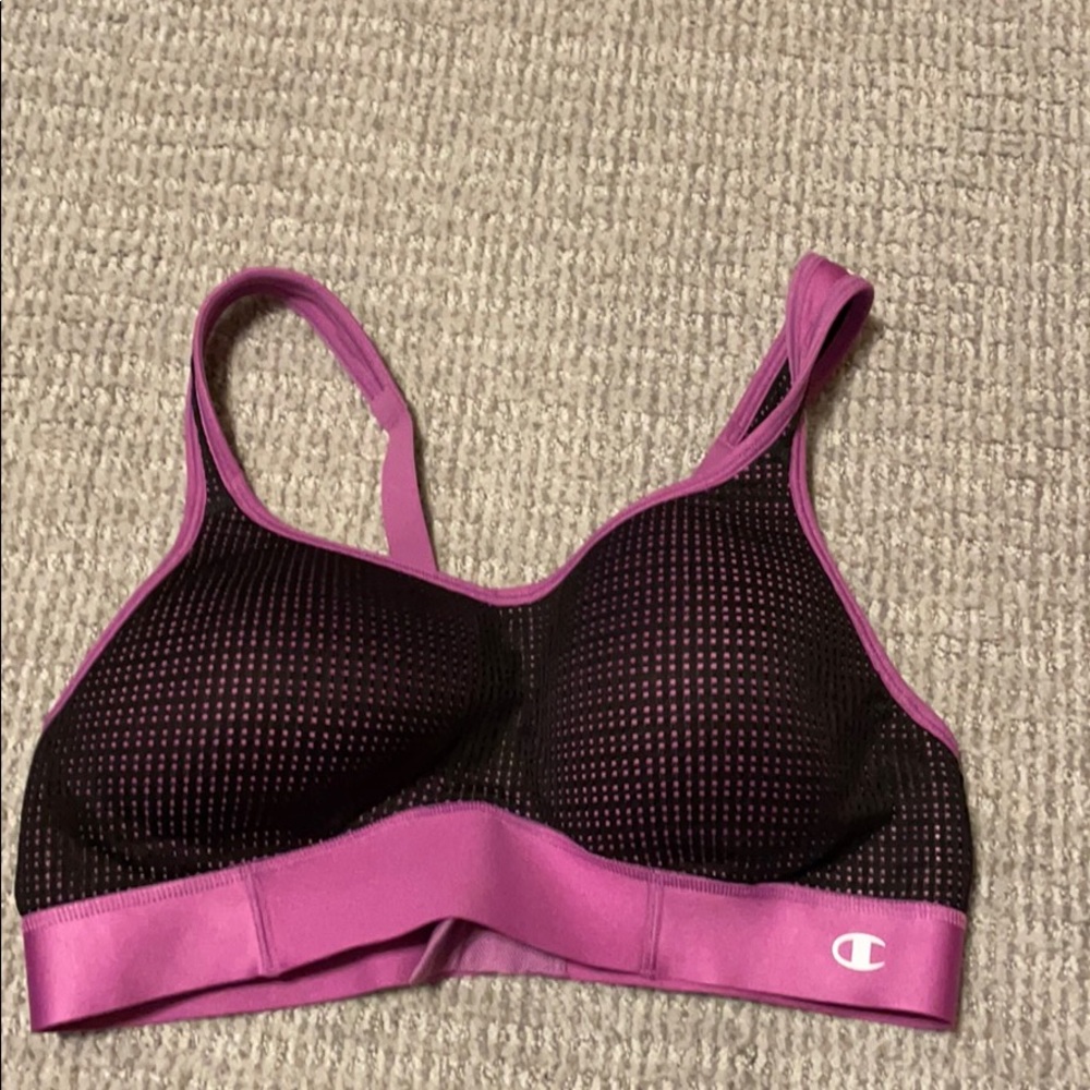Purple and black champion sports bra